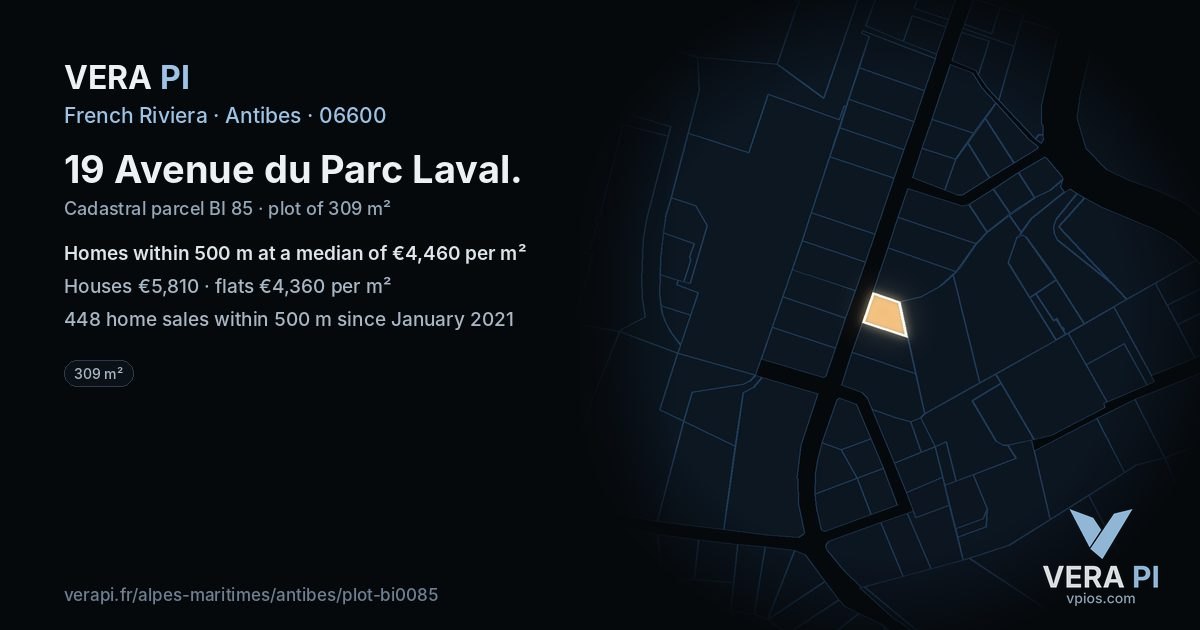 19 Avenue du Parc Laval, Antibes at night – the plot lit, the parcels around coloured by the prices near them