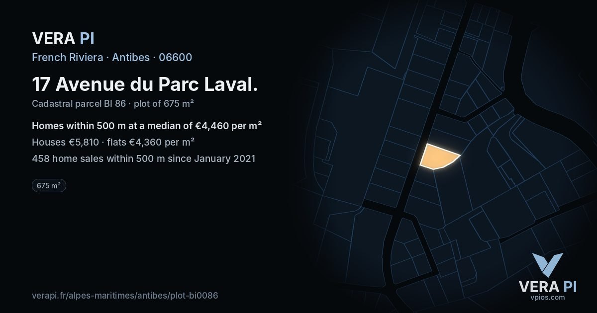 17 Avenue du Parc Laval, Antibes at night – the plot lit, the parcels around coloured by the prices near them
