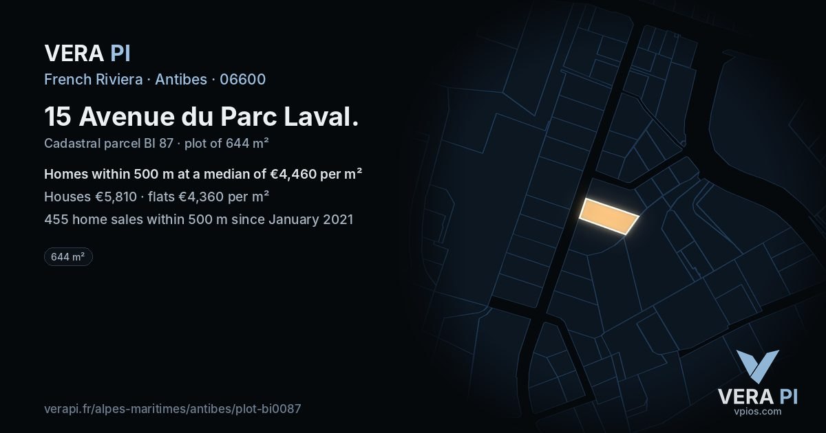 15 Avenue du Parc Laval, Antibes at night – the plot lit, the parcels around coloured by the prices near them