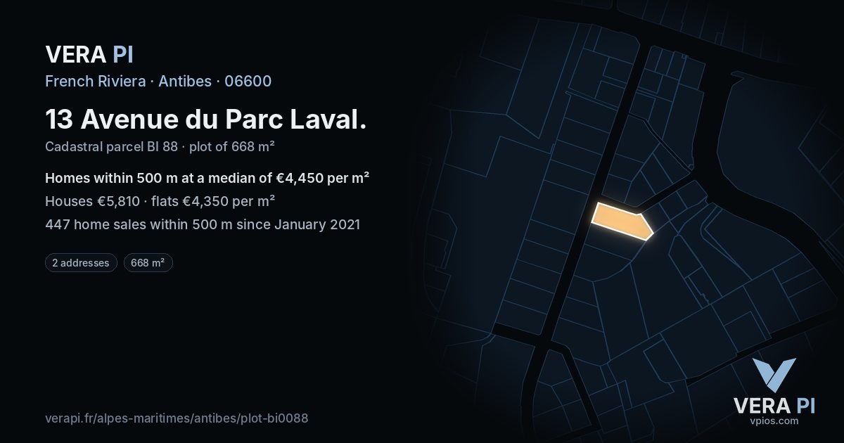 13 Avenue du Parc Laval, Antibes at night – the plot lit, the parcels around coloured by the prices near them