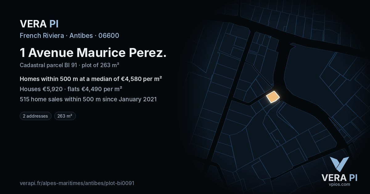 1 Avenue Maurice Perez, Antibes at night – the plot lit, the parcels around coloured by the prices near them