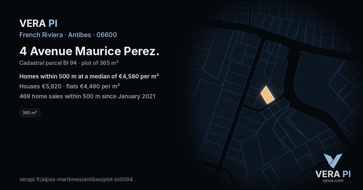 4 Avenue Maurice Perez, Antibes at night – the plot lit, the parcels around coloured by the prices near them