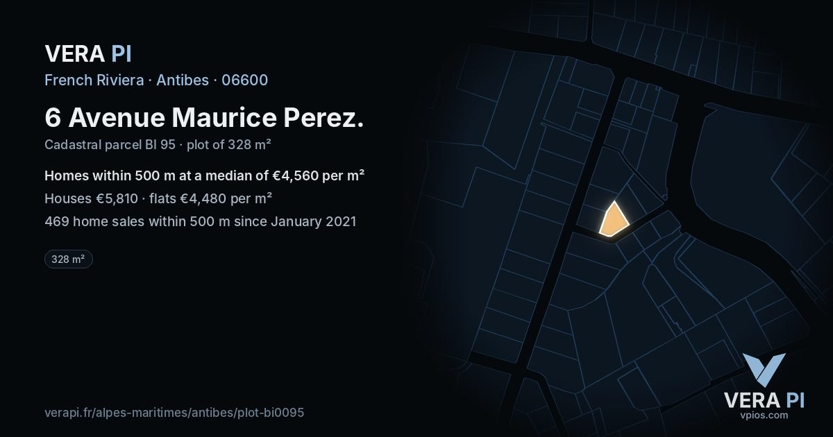 6 Avenue Maurice Perez, Antibes at night – the plot lit, the parcels around coloured by the prices near them
