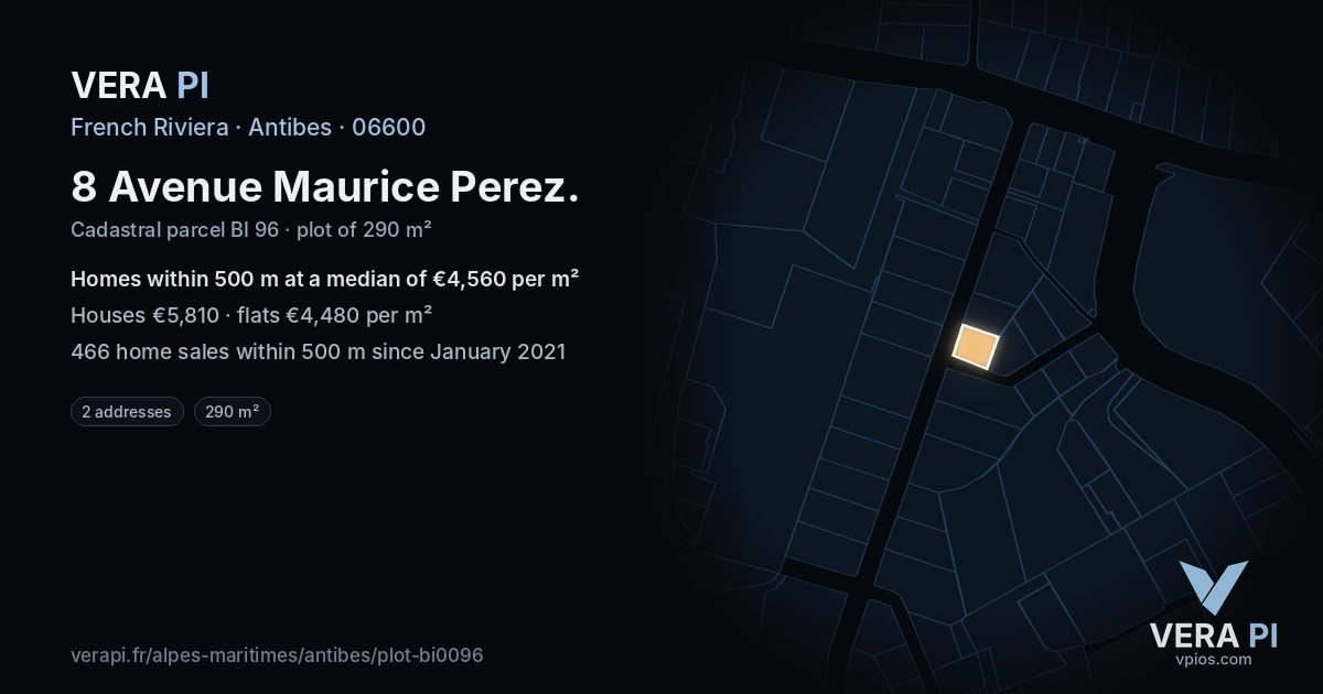 8 Avenue Maurice Perez, Antibes at night – the plot lit, the parcels around coloured by the prices near them