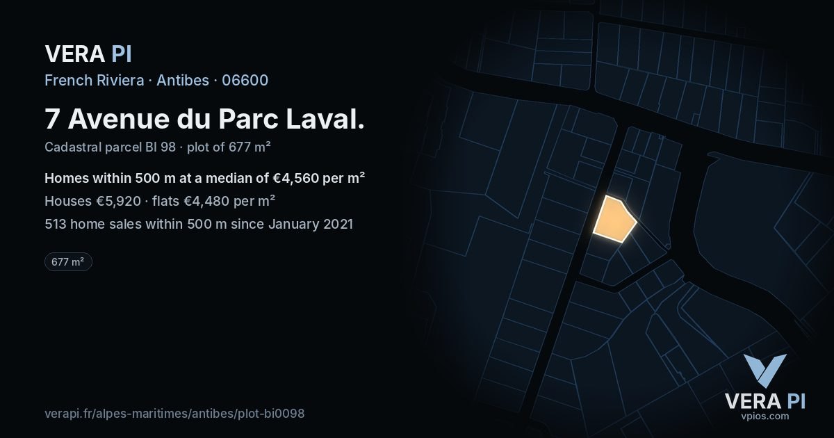 7 Avenue du Parc Laval, Antibes at night – the plot lit, the parcels around coloured by the prices near them