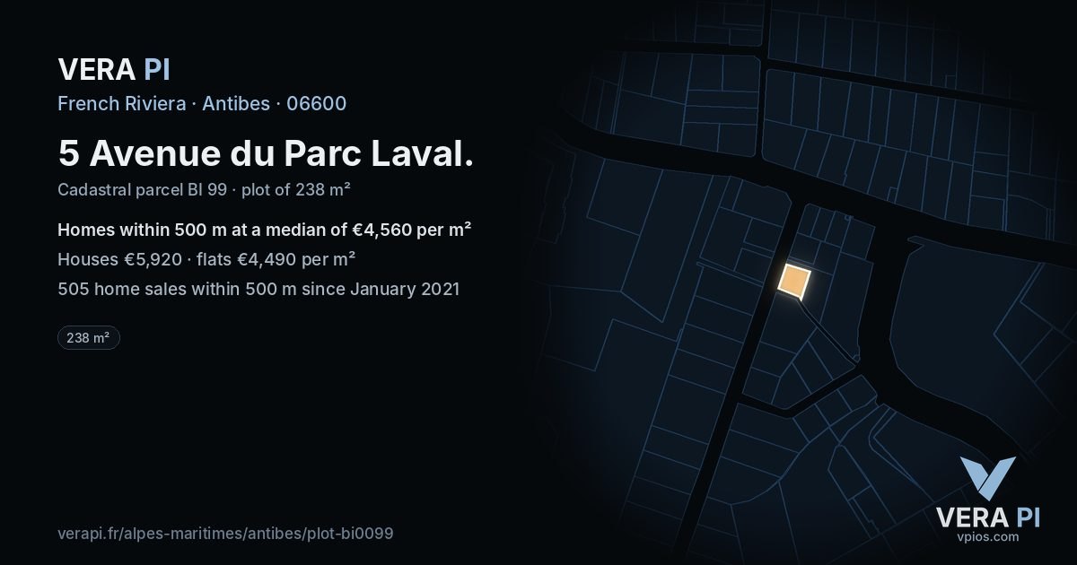 5 Avenue du Parc Laval, Antibes at night – the plot lit, the parcels around coloured by the prices near them