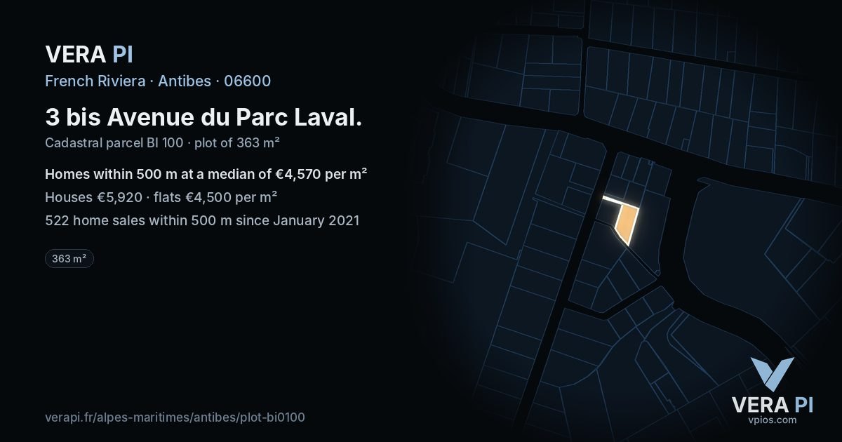 3 bis Avenue du Parc Laval, Antibes at night – the plot lit, the parcels around coloured by the prices near them