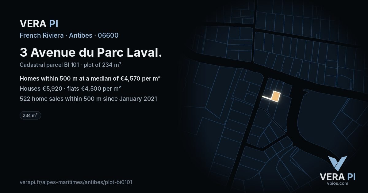 3 Avenue du Parc Laval, Antibes at night – the plot lit, the parcels around coloured by the prices near them