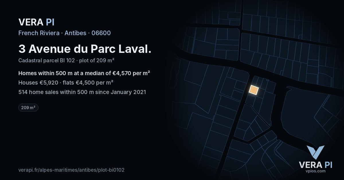 3 Avenue du Parc Laval, Antibes at night – the plot lit, the parcels around coloured by the prices near them