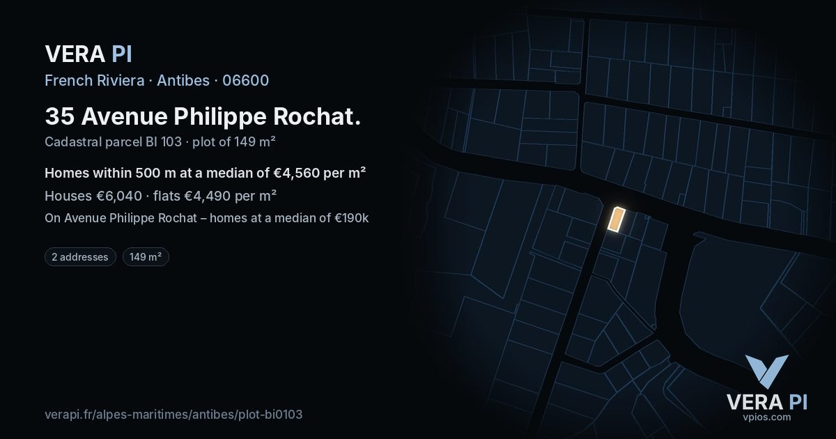 35 Avenue Philippe Rochat, Antibes at night – the plot lit, the parcels around coloured by the prices near them
