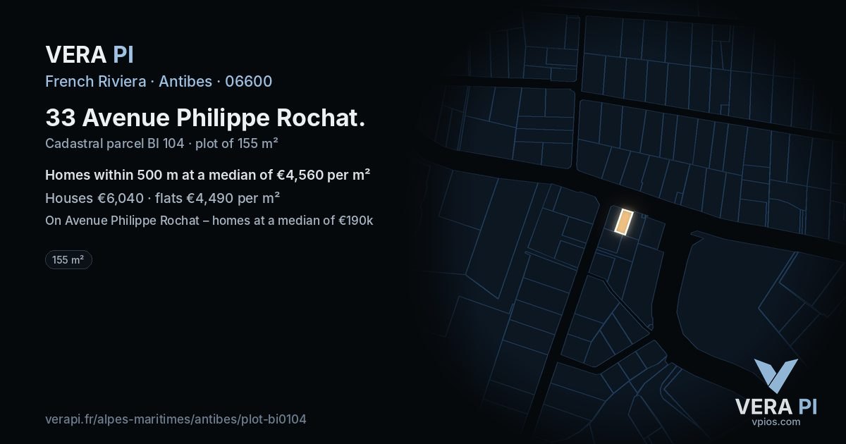 33 Avenue Philippe Rochat, Antibes at night – the plot lit, the parcels around coloured by the prices near them