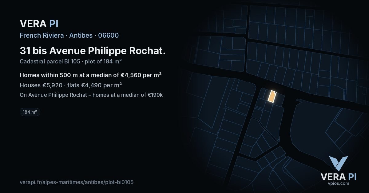 31 bis Avenue Philippe Rochat, Antibes at night – the plot lit, the parcels around coloured by the prices near them