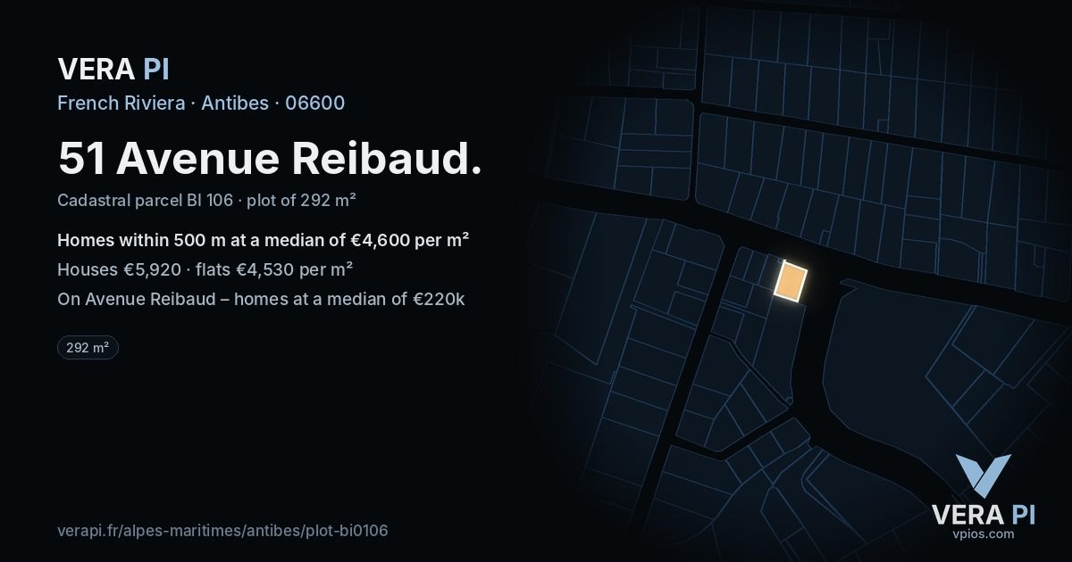 51 Avenue Reibaud, Antibes at night – the plot lit, the parcels around coloured by the prices near them