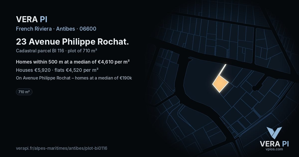 23 Avenue Philippe Rochat, Antibes at night – the plot lit, the parcels around coloured by the prices near them