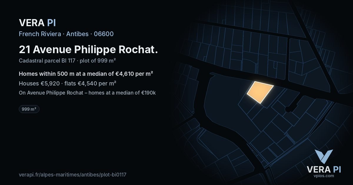 21 Avenue Philippe Rochat, Antibes at night – the plot lit, the parcels around coloured by the prices near them