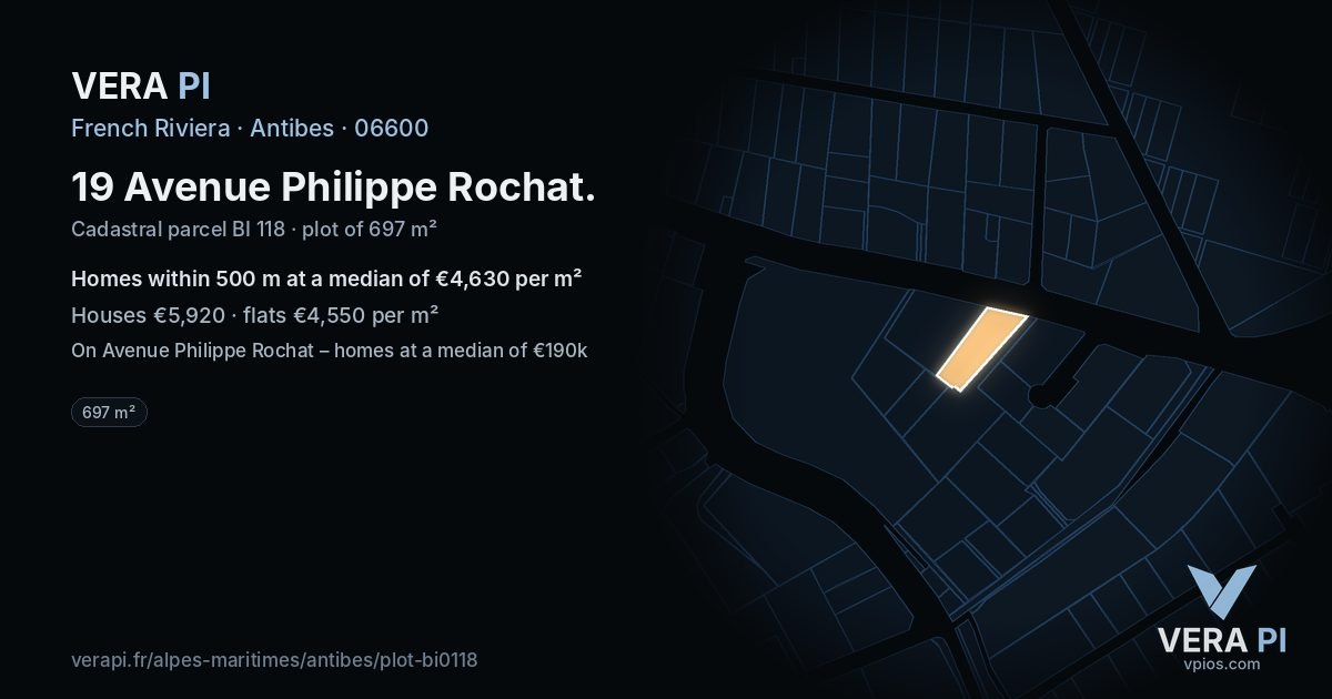 19 Avenue Philippe Rochat, Antibes at night – the plot lit, the parcels around coloured by the prices near them