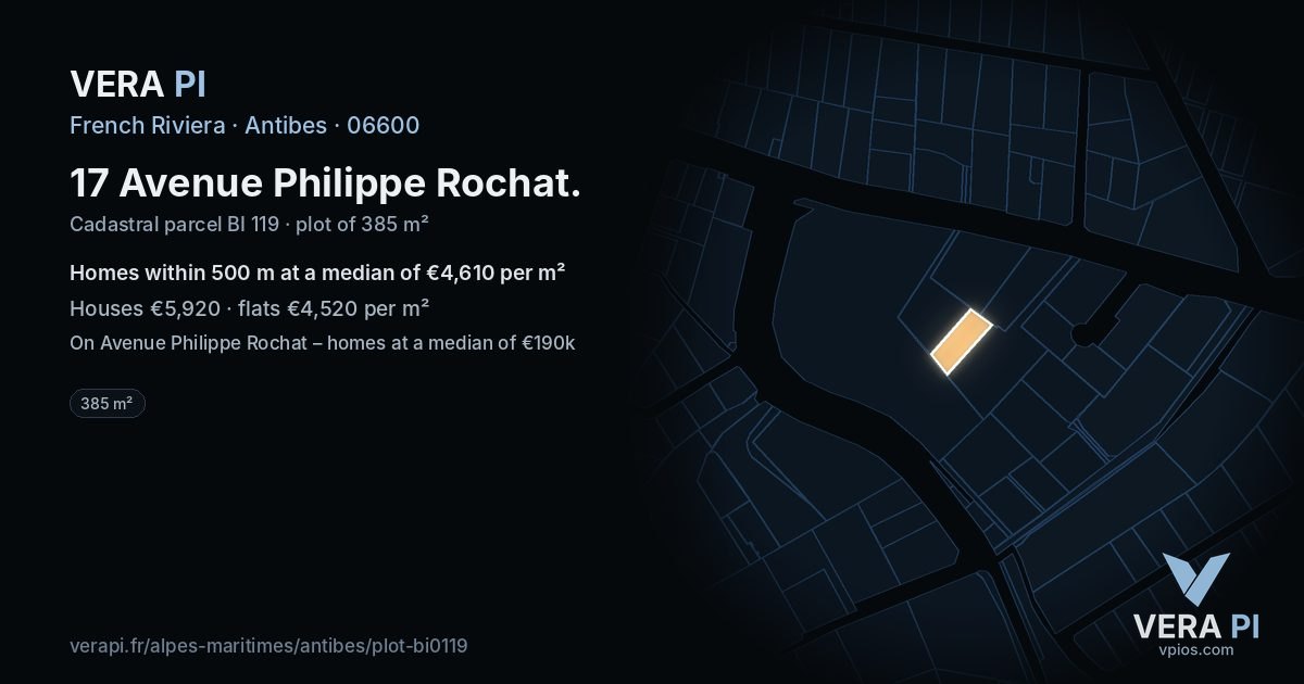 17 Avenue Philippe Rochat, Antibes at night – the plot lit, the parcels around coloured by the prices near them