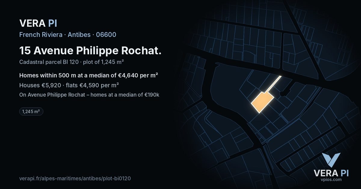 15 Avenue Philippe Rochat, Antibes at night – the plot lit, the parcels around coloured by the prices near them