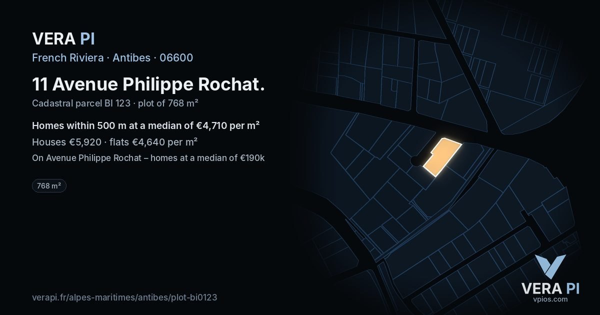 11 Avenue Philippe Rochat, Antibes at night – the plot lit, the parcels around coloured by the prices near them