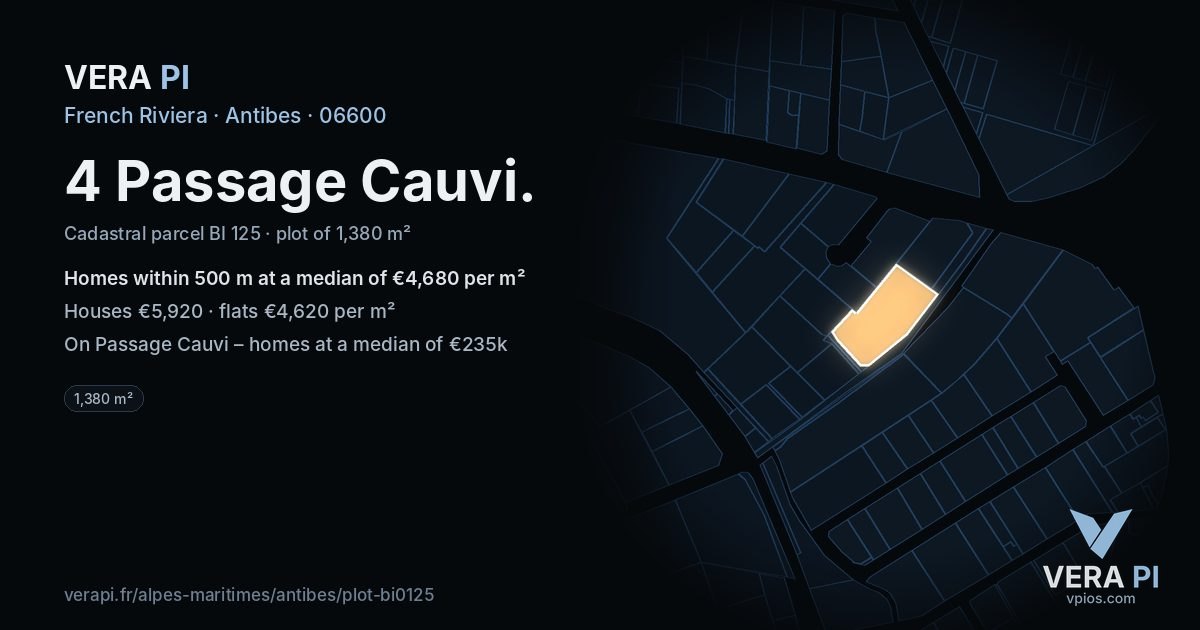 4 Passage Cauvi, Antibes at night – the plot lit, the parcels around coloured by the prices near them