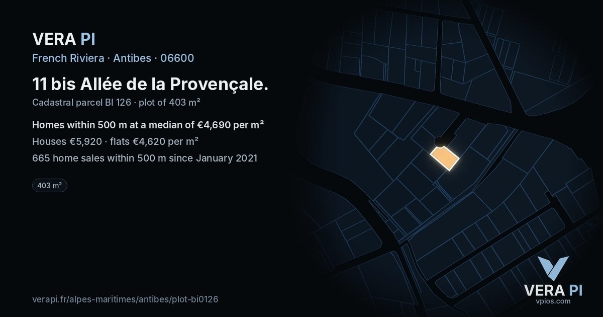 11 bis Allée de la Provençale, Antibes at night – the plot lit, the parcels around coloured by the prices near them