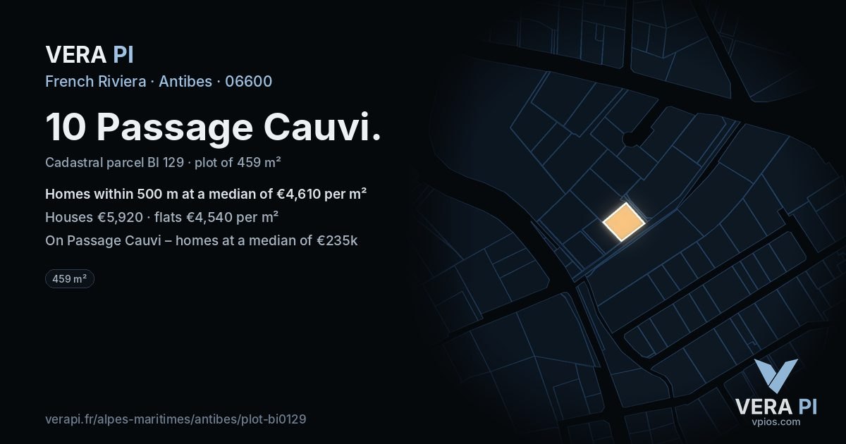 10 Passage Cauvi, Antibes at night – the plot lit, the parcels around coloured by the prices near them