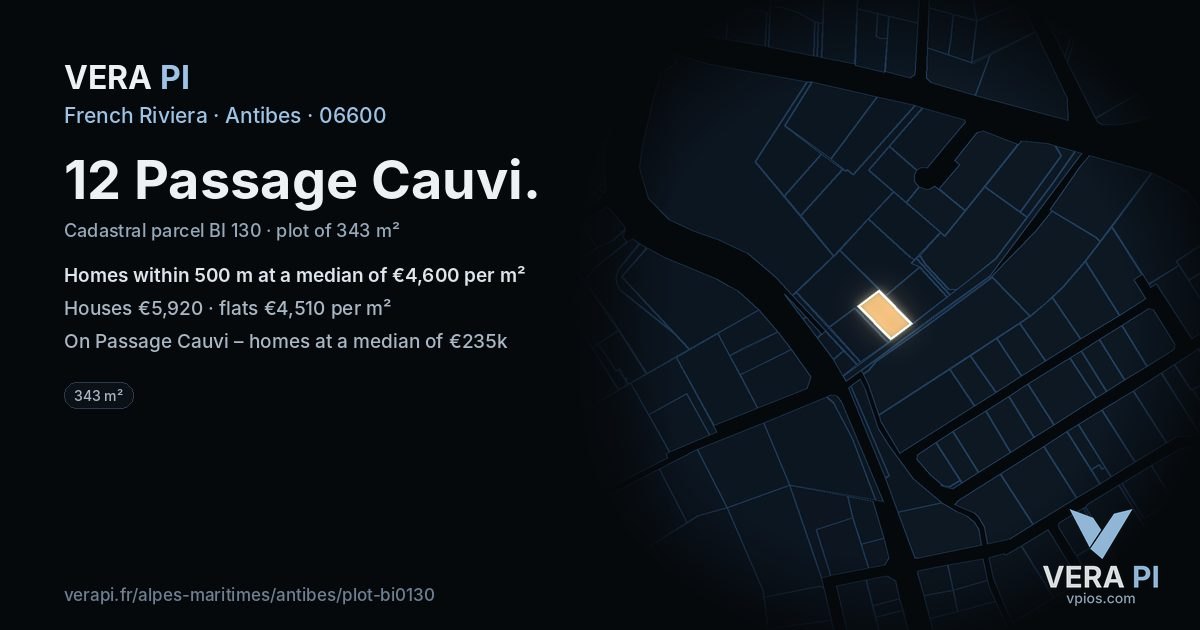 12 Passage Cauvi, Antibes at night – the plot lit, the parcels around coloured by the prices near them