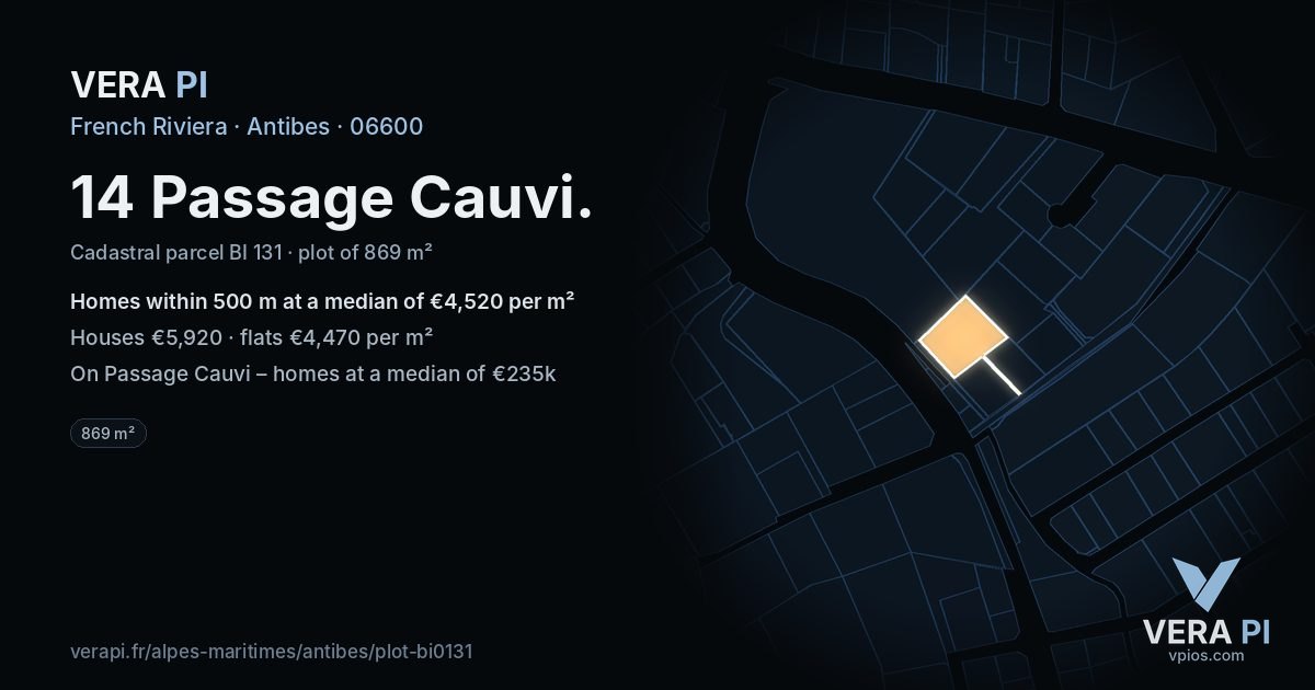 14 Passage Cauvi, Antibes at night – the plot lit, the parcels around coloured by the prices near them