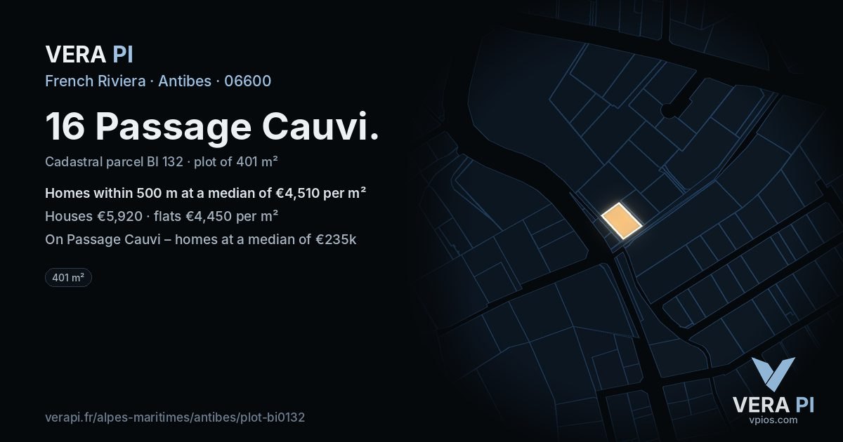 16 Passage Cauvi, Antibes at night – the plot lit, the parcels around coloured by the prices near them