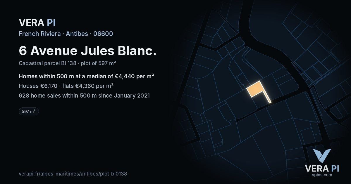 6 Avenue Jules Blanc, Antibes at night – the plot lit, the parcels around coloured by the prices near them
