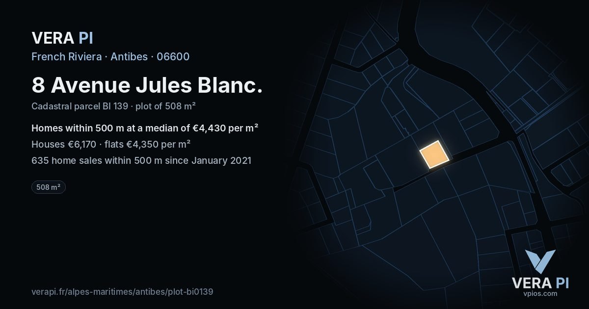 8 Avenue Jules Blanc, Antibes at night – the plot lit, the parcels around coloured by the prices near them