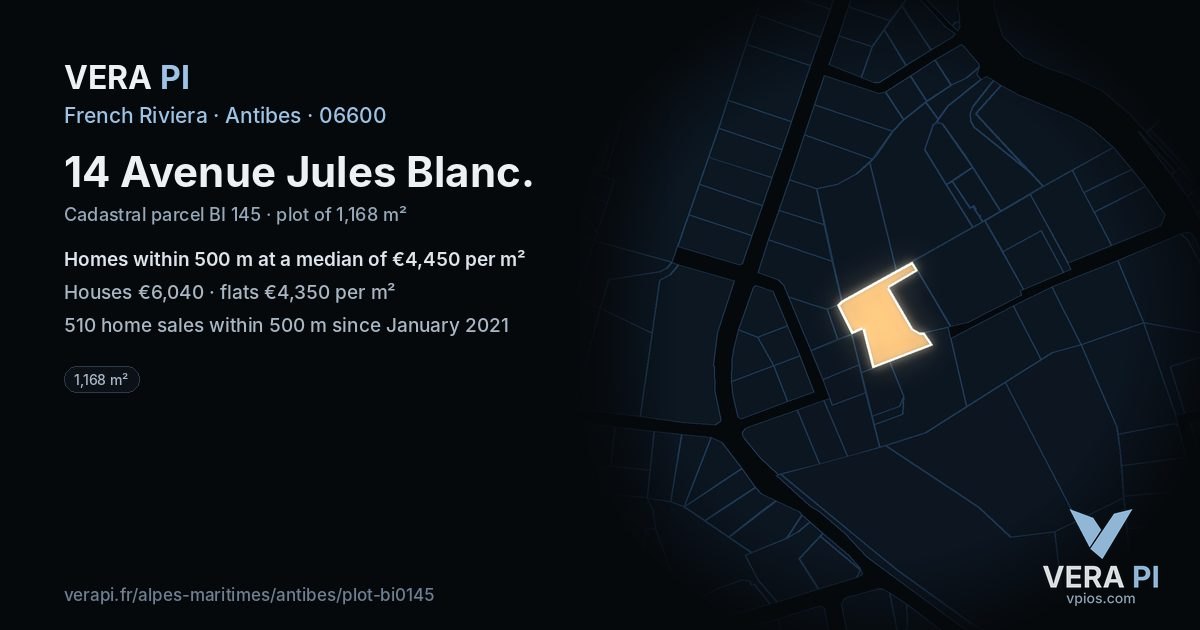14 Avenue Jules Blanc, Antibes at night – the plot lit, the parcels around coloured by the prices near them