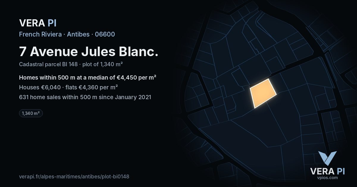 7 Avenue Jules Blanc, Antibes at night – the plot lit, the parcels around coloured by the prices near them