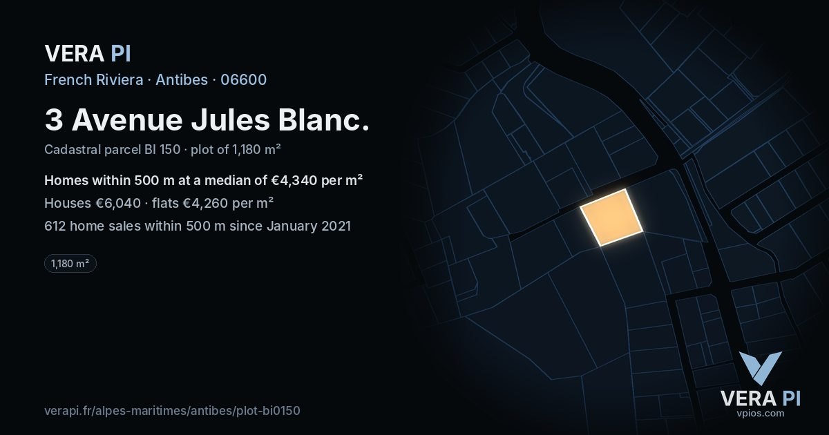 3 Avenue Jules Blanc, Antibes at night – the plot lit, the parcels around coloured by the prices near them