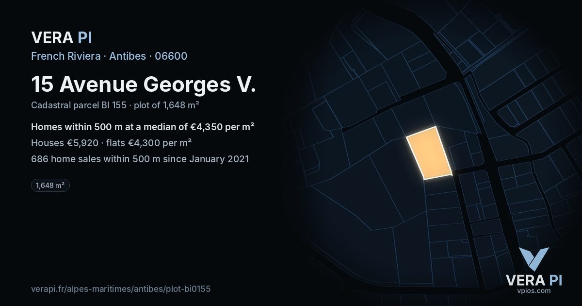 15 Avenue Georges V, Antibes at night – the plot lit, the parcels around coloured by the prices near them