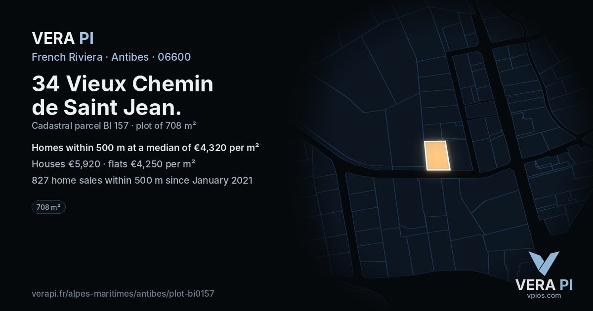 34 Vieux Chemin de Saint Jean, Antibes at night – the plot lit, the parcels around coloured by the prices near them