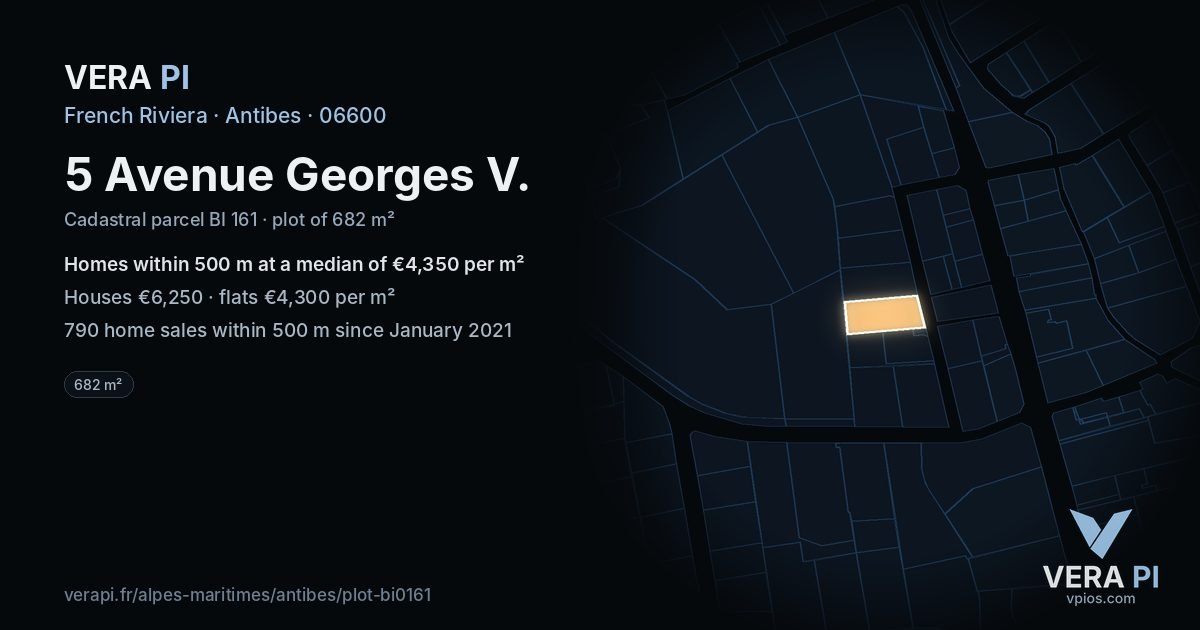5 Avenue Georges V, Antibes at night – the plot lit, the parcels around coloured by the prices near them