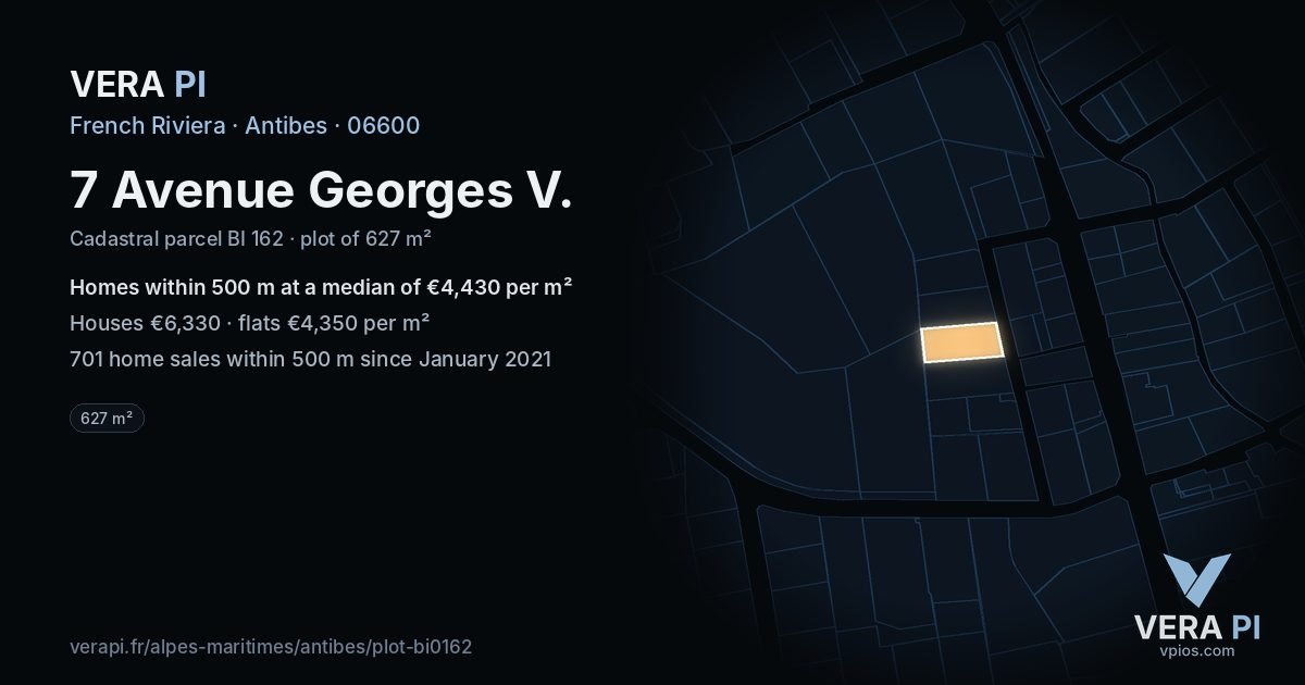 7 Avenue Georges V, Antibes at night – the plot lit, the parcels around coloured by the prices near them