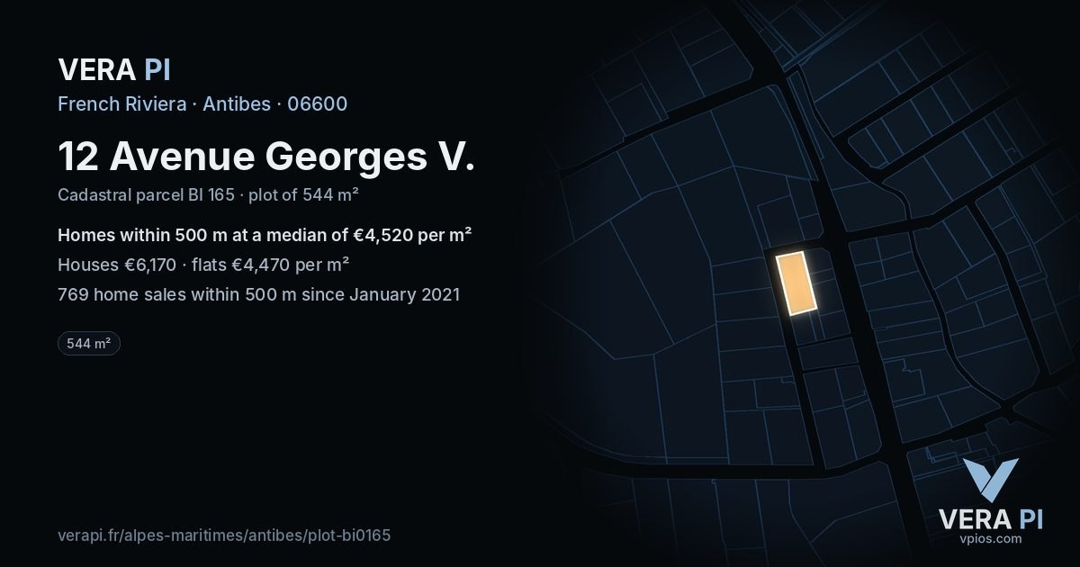 12 Avenue Georges V, Antibes at night – the plot lit, the parcels around coloured by the prices near them