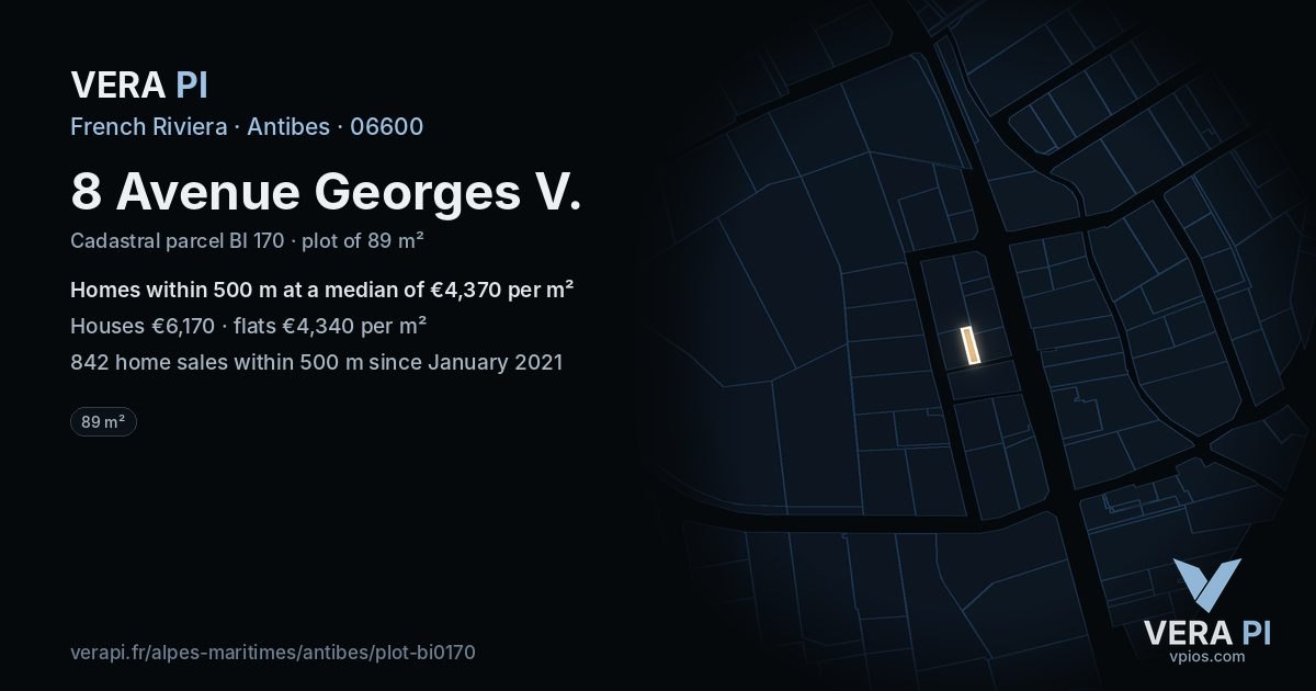 8 Avenue Georges V, Antibes at night – the plot lit, the parcels around coloured by the prices near them