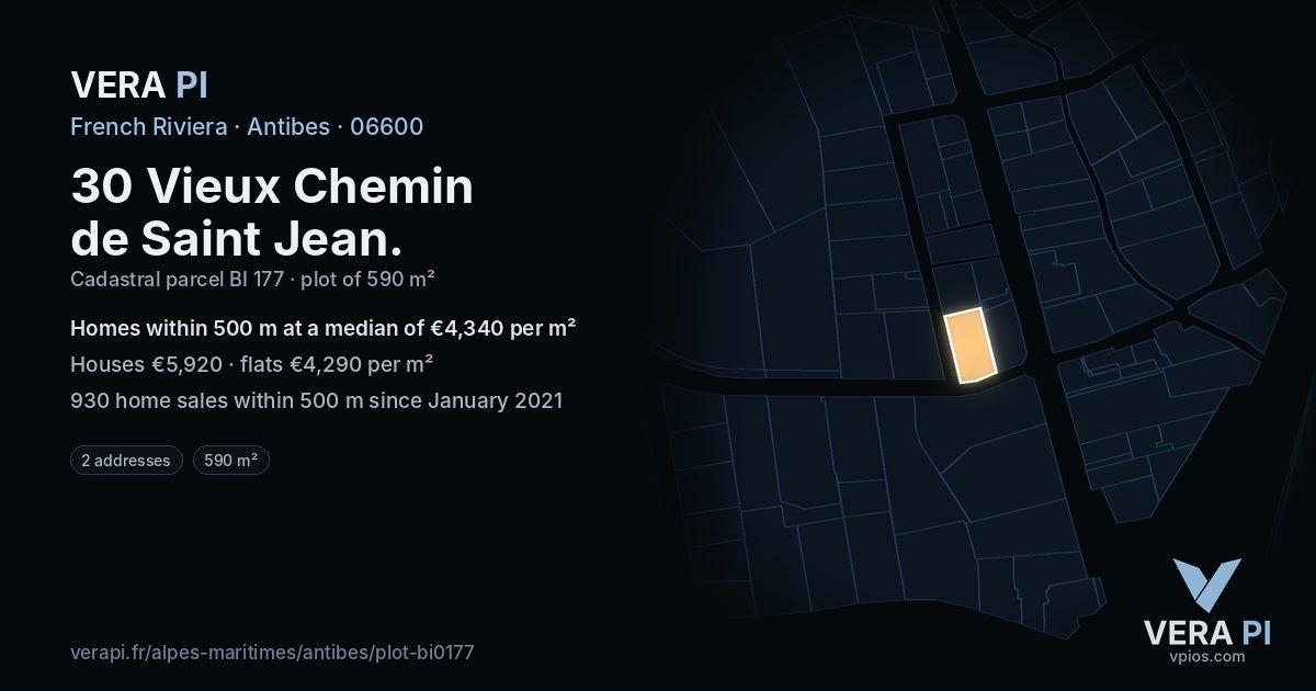 30 Vieux Chemin de Saint Jean, Antibes at night – the plot lit, the parcels around coloured by the prices near them