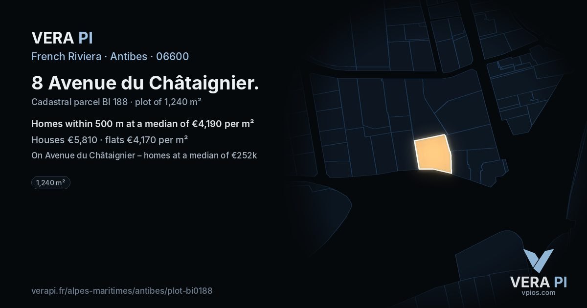 8 Avenue du Châtaignier, Antibes at night – the plot lit, the parcels around coloured by the prices near them