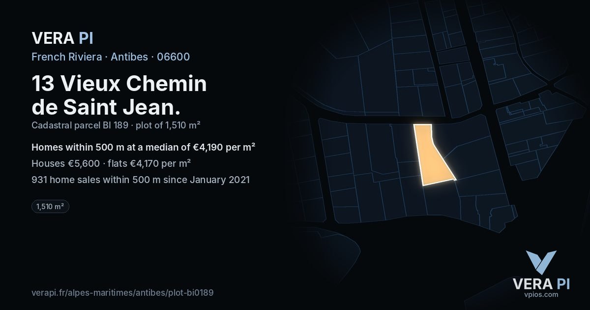 13 Vieux Chemin de Saint Jean, Antibes at night – the plot lit, the parcels around coloured by the prices near them