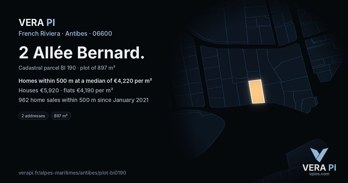 2 Allée Bernard, Antibes at night – the plot lit, the parcels around coloured by the prices near them
