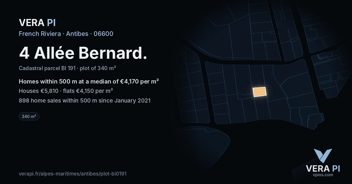 4 Allée Bernard, Antibes at night – the plot lit, the parcels around coloured by the prices near them