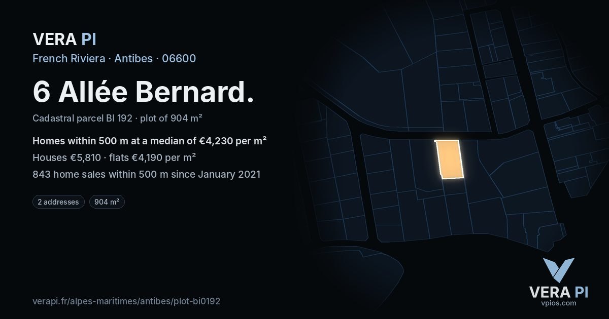 6 Allée Bernard, Antibes at night – the plot lit, the parcels around coloured by the prices near them