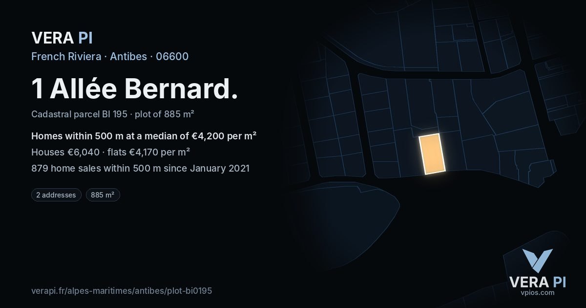 1 Allée Bernard, Antibes at night – the plot lit, the parcels around coloured by the prices near them
