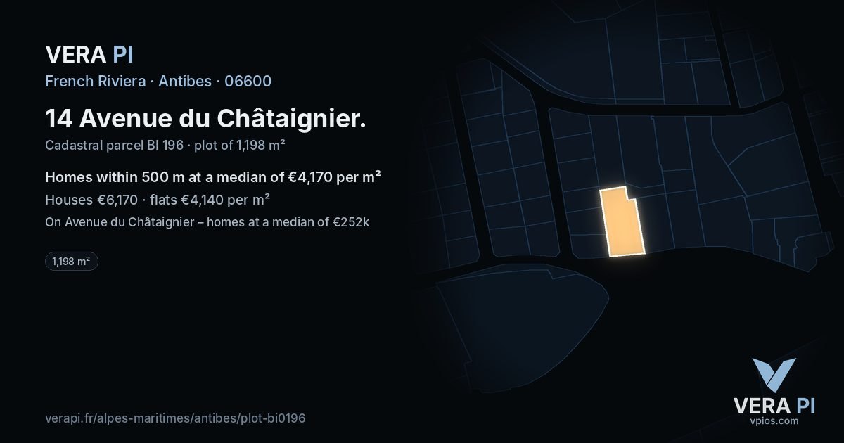 14 Avenue du Châtaignier, Antibes at night – the plot lit, the parcels around coloured by the prices near them