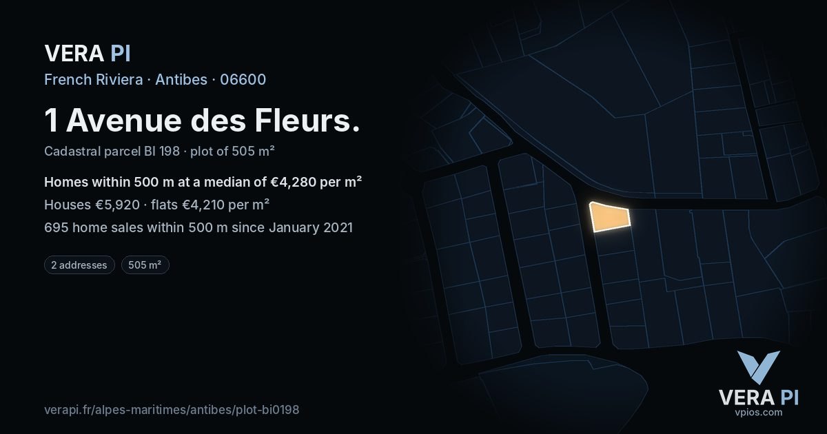 1 Avenue des Fleurs, Antibes at night – the plot lit, the parcels around coloured by the prices near them