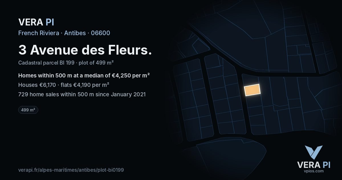 3 Avenue des Fleurs, Antibes at night – the plot lit, the parcels around coloured by the prices near them
